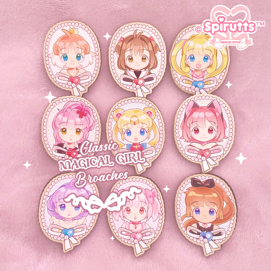 PIN(s)/BROACHES(s) - classic Magical Girls - Wood finish/Pink heart rubber pinback