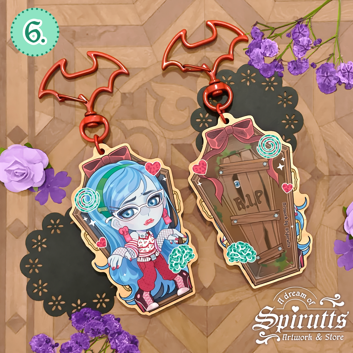 KEYCHAIN(S) - Whose your best Ghoul Friend?~ Double-sided wooden charms / Coloured clip attachments /