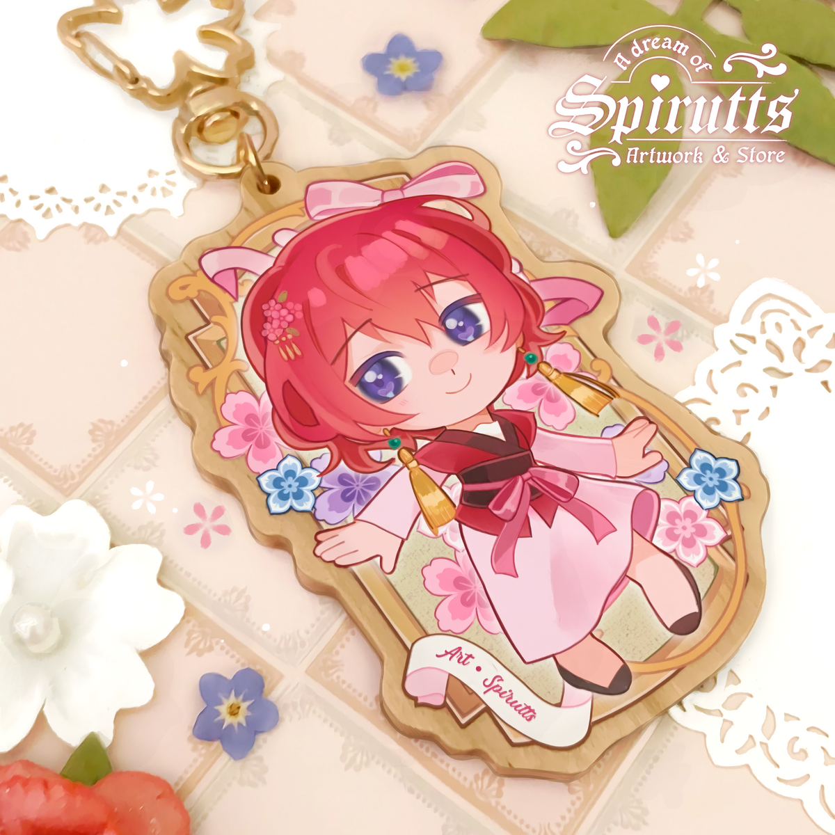 KEYCHAIN(S) - Princess of the Dawn~ Double-sided wooden charm / Gold clip attachments