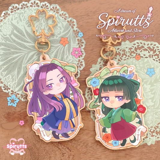 KEYCHAIN(S) - Medicine maker, poison taster / couples accessory / anime - Double-sided wooden charm / Matching Pair / Gold clip attachments