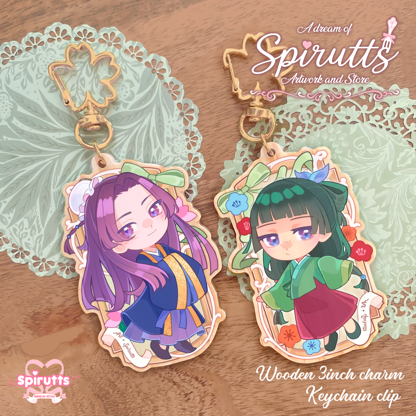 KEYCHAIN(S) - Medicine maker, poison taster / couples accessory / anime - Double-sided wooden charm / Matching Pair / Gold clip attachments