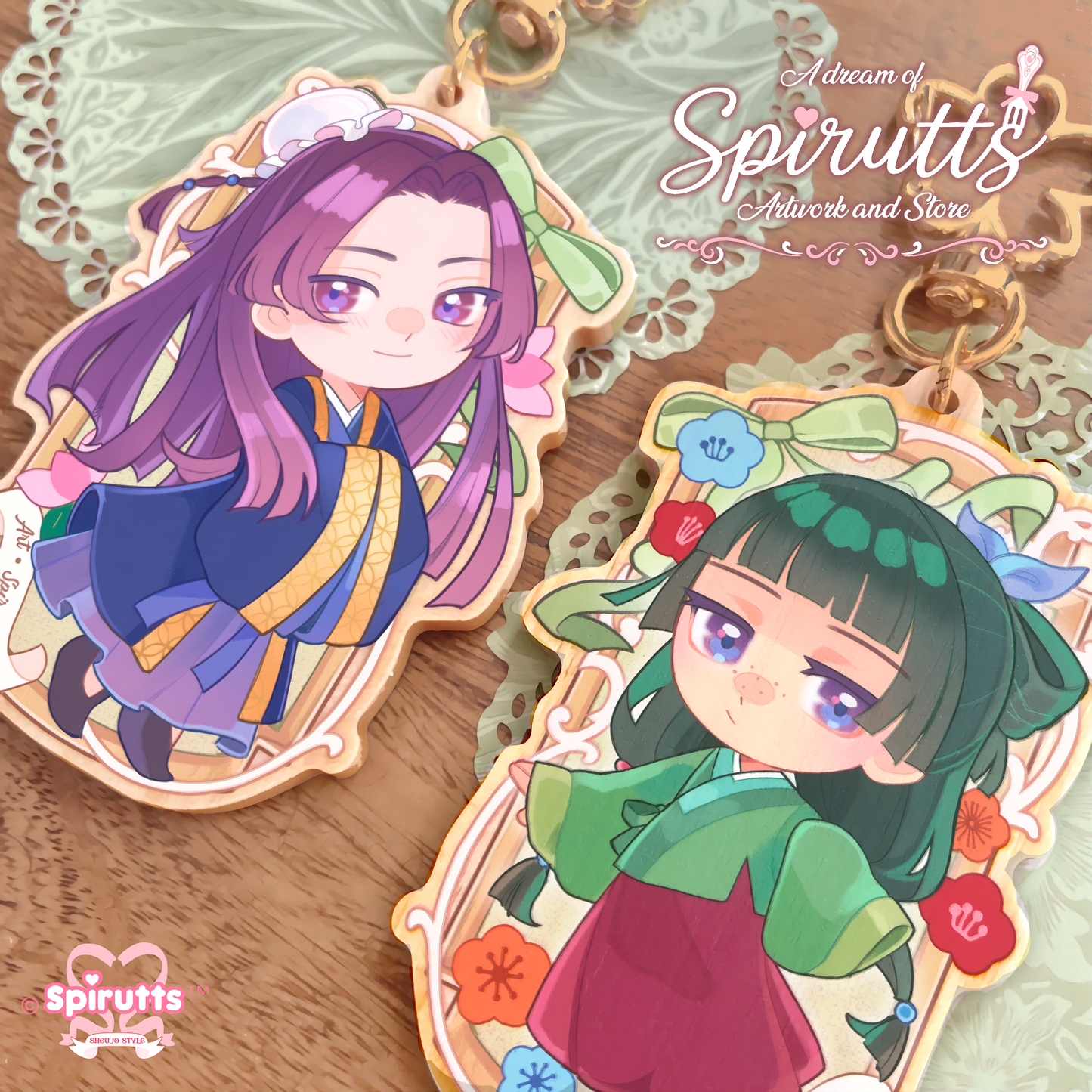 KEYCHAIN(S) - Medicine maker, poison taster / couples accessory / anime - Double-sided wooden charm / Matching Pair / Gold clip attachments