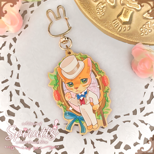 KEYCHAIN - Mr fancy pants returns~! - Double-sided wooden charm / Gold clip attachment