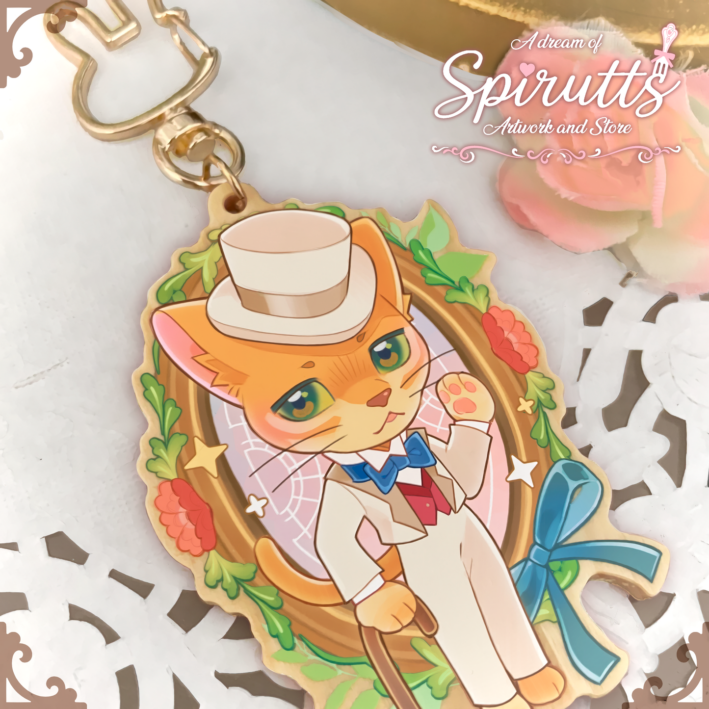 KEYCHAIN - Mr fancy pants returns~! - Double-sided wooden charm / Gold clip attachment