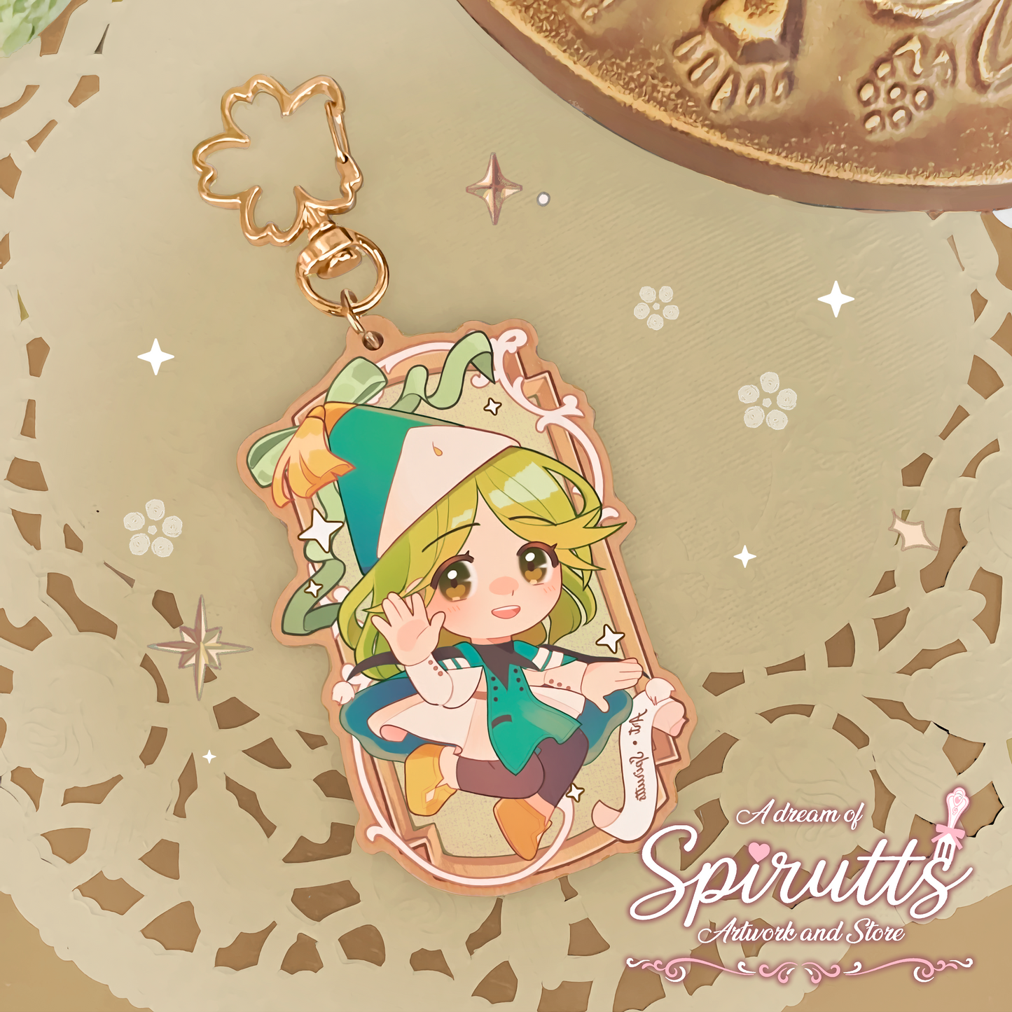 KEYCHAIN - Coco, Witch Hat Atelier~! - Double-sided wooden charm / Gold clip attachment