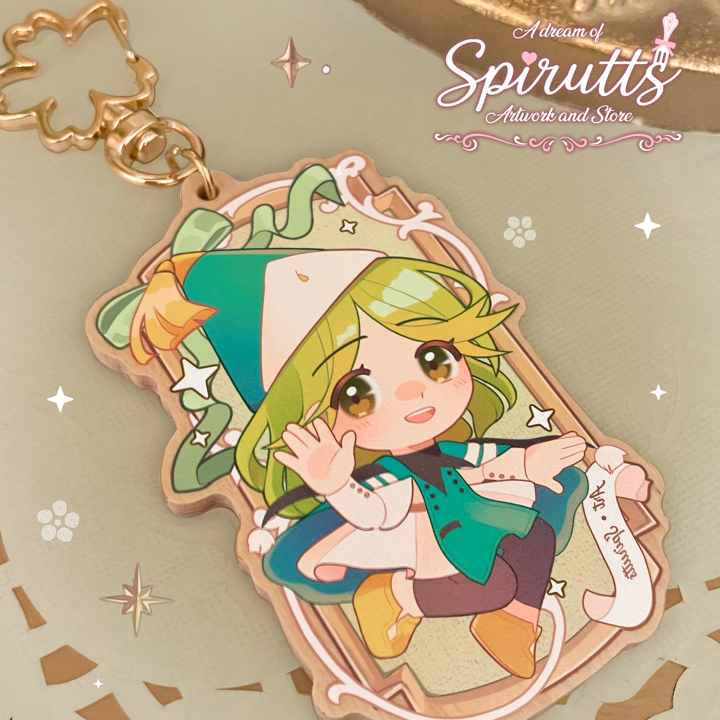 KEYCHAIN - Coco, Witch Hat Atelier~! - Double-sided wooden charm / Gold clip attachment