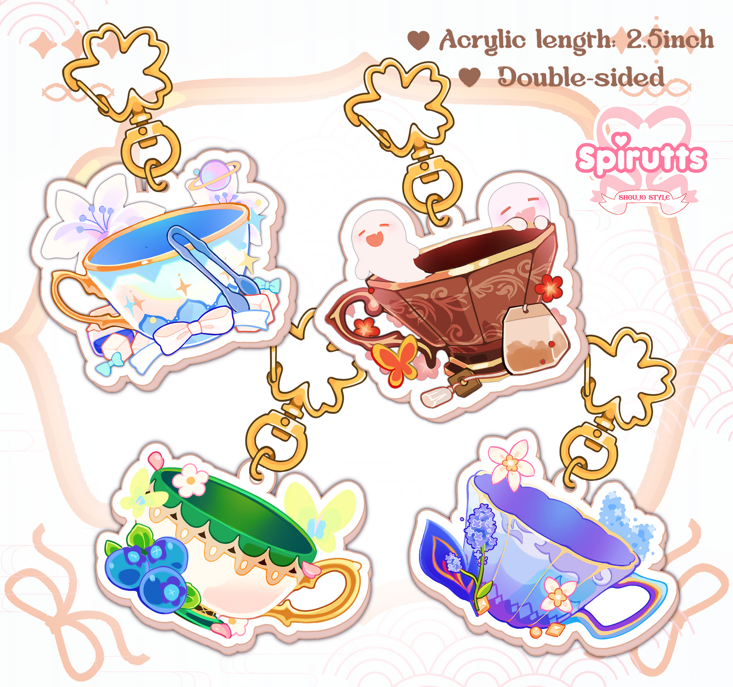 KEYCHAIN(S) - Genshin teacups! - Double-sided acrylic/Blossom-shaped Gold Chain/Charm