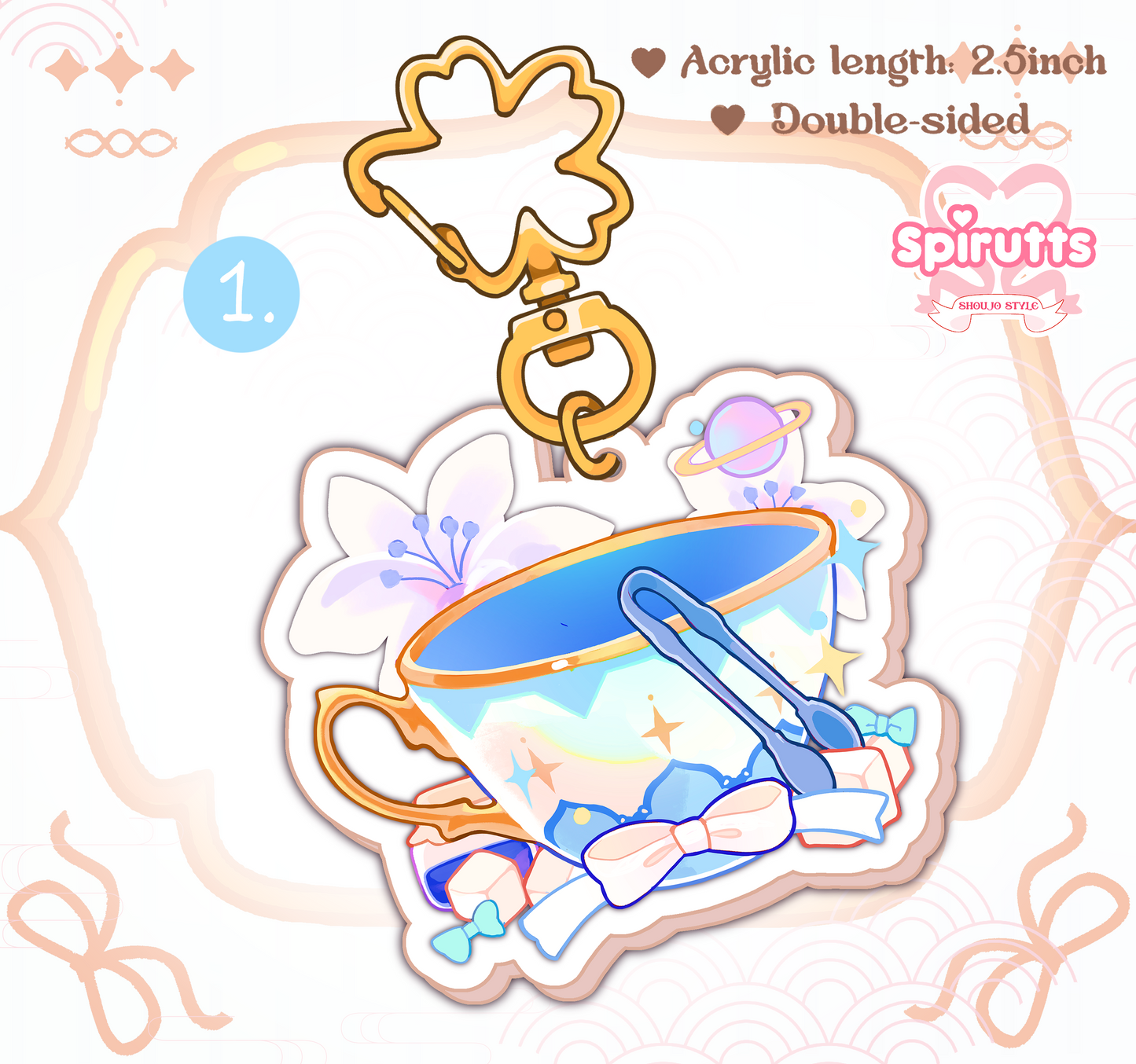 KEYCHAIN(S) - Genshin teacups! - Double-sided acrylic/Blossom-shaped Gold Chain/Charm