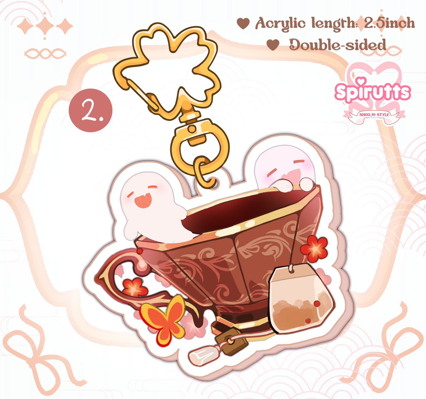 KEYCHAIN(S) - Genshin teacups! - Double-sided acrylic/Blossom-shaped Gold Chain/Charm