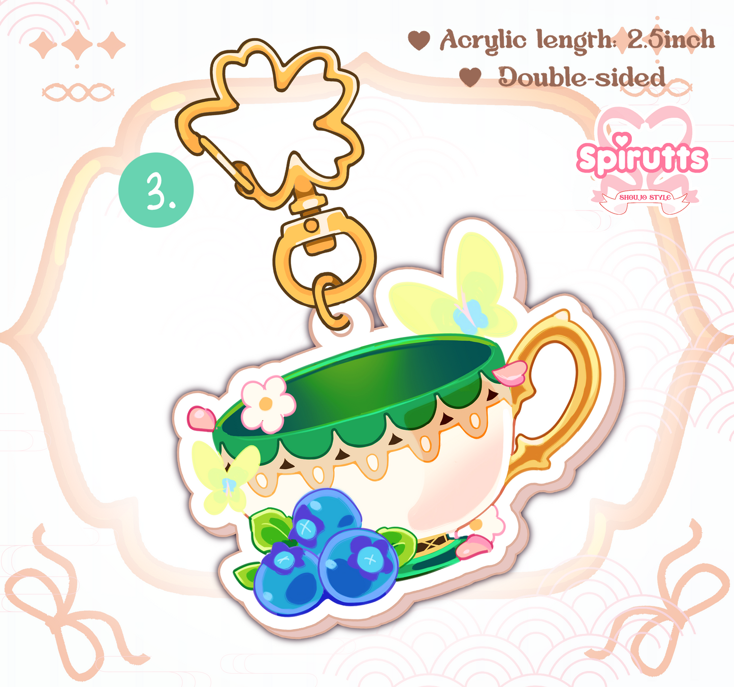 KEYCHAIN(S) - Genshin teacups! - Double-sided acrylic/Blossom-shaped Gold Chain/Charm