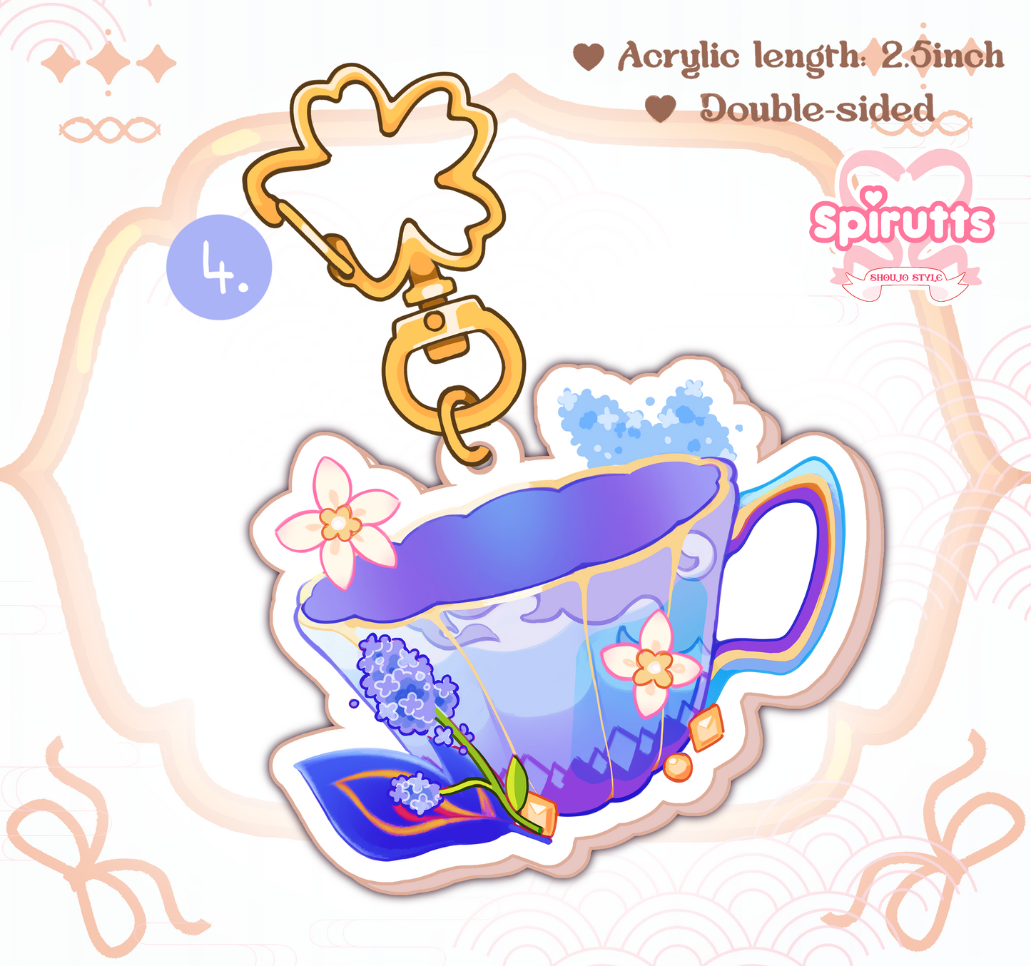 KEYCHAIN(S) - Genshin teacups! - Double-sided acrylic/Blossom-shaped Gold Chain/Charm