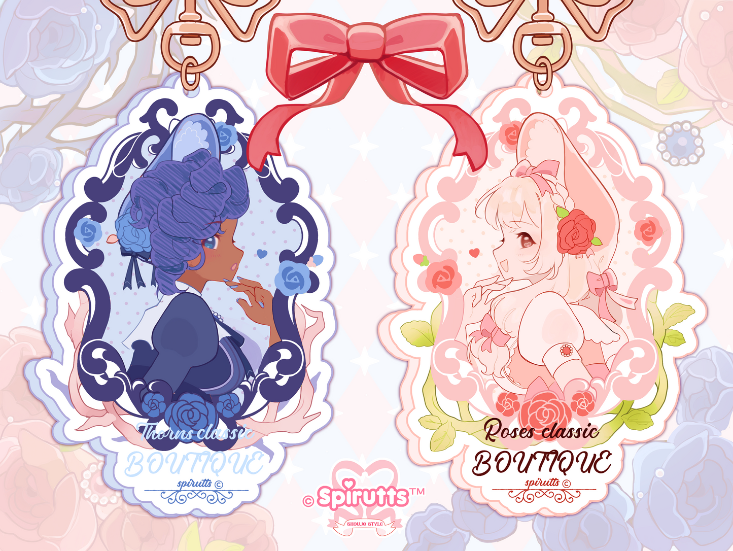 KEYCHAIN(S) - Rose & Thorn! - Double-sided acrylic/Bow-shaped Gold Chain/Charm