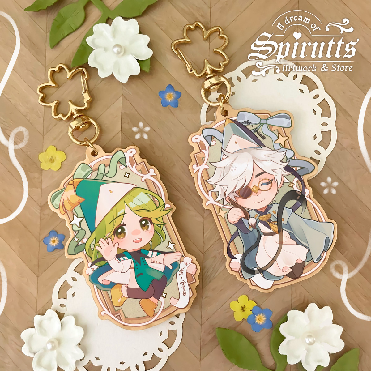 KEYCHAIN(S) - My Sweet Witches / couples accessory / anime - Double-sided wooden charm / Matching Pair / Gold clip attachments