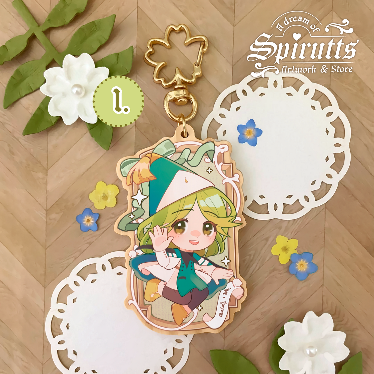KEYCHAIN(S) - My Sweet Witches / couples accessory / anime - Double-sided wooden charm / Matching Pair / Gold clip attachments