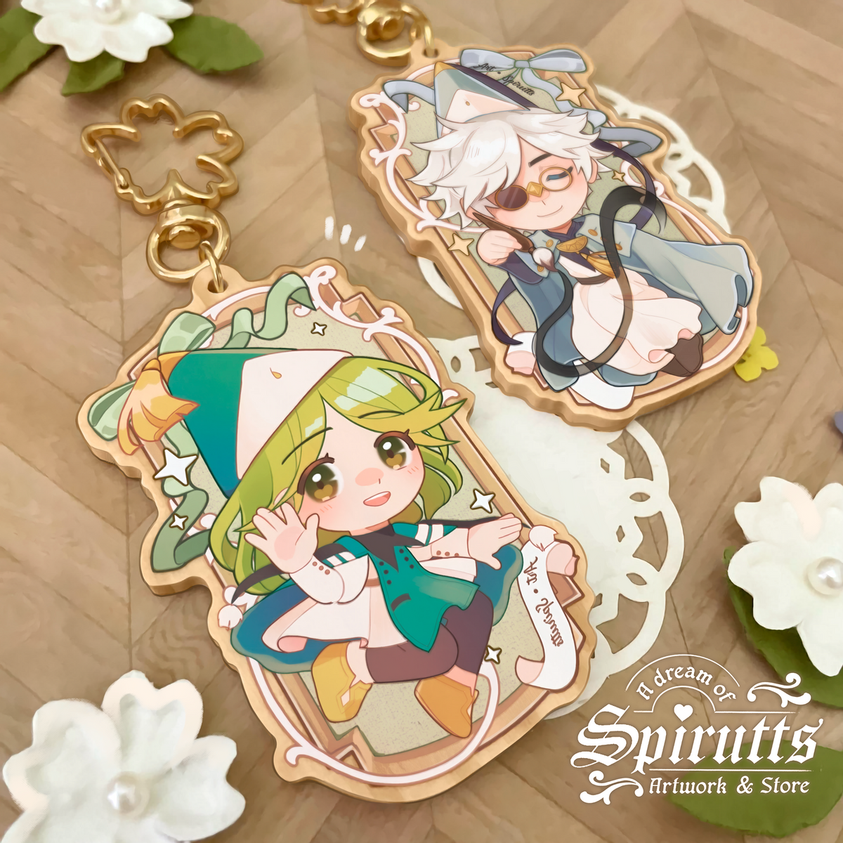 KEYCHAIN(S) - My Sweet Witches / couples accessory / anime - Double-sided wooden charm / Matching Pair / Gold clip attachments