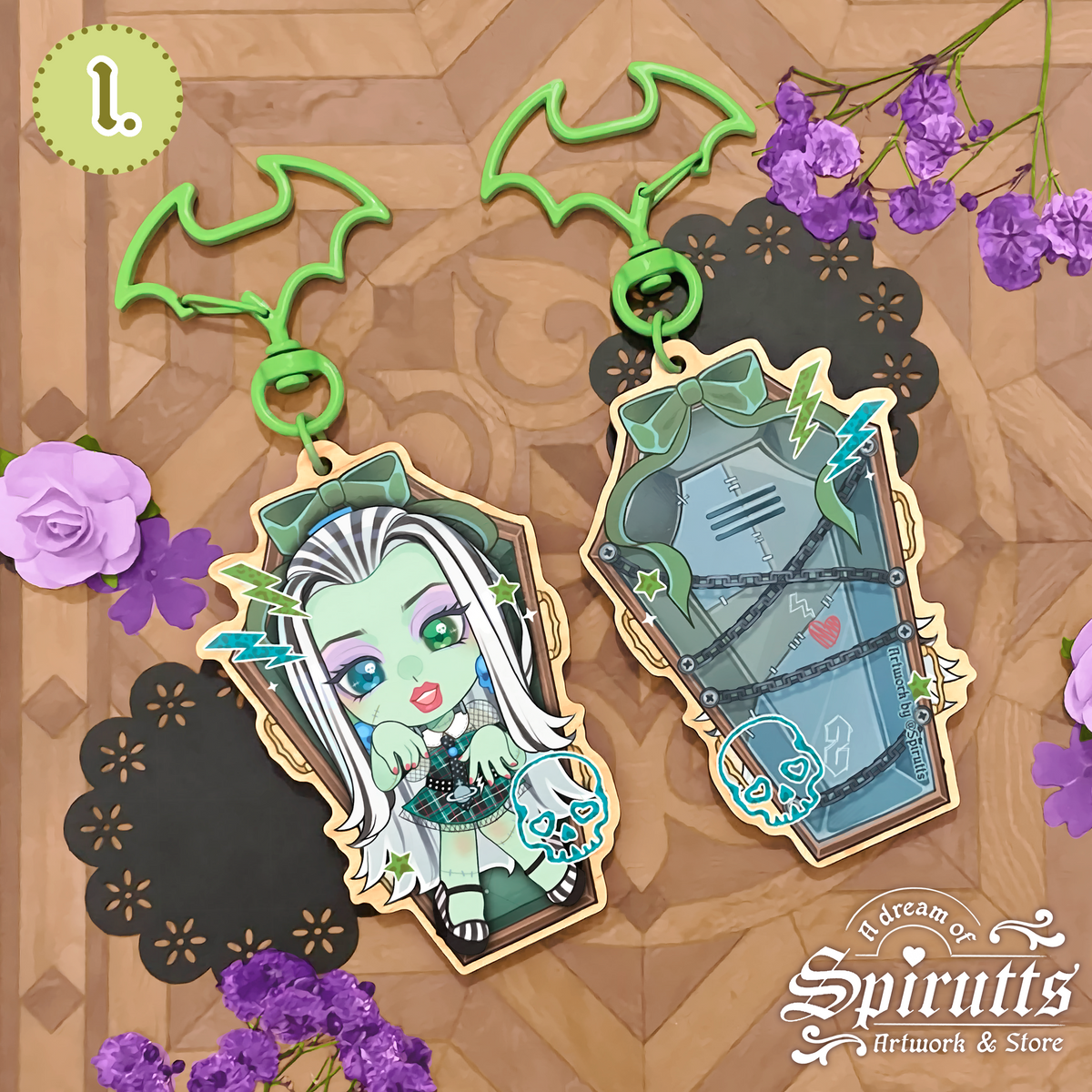 KEYCHAIN(S) - Whose your best Ghoul Friend?~ Double-sided wooden charms / Coloured clip attachments /