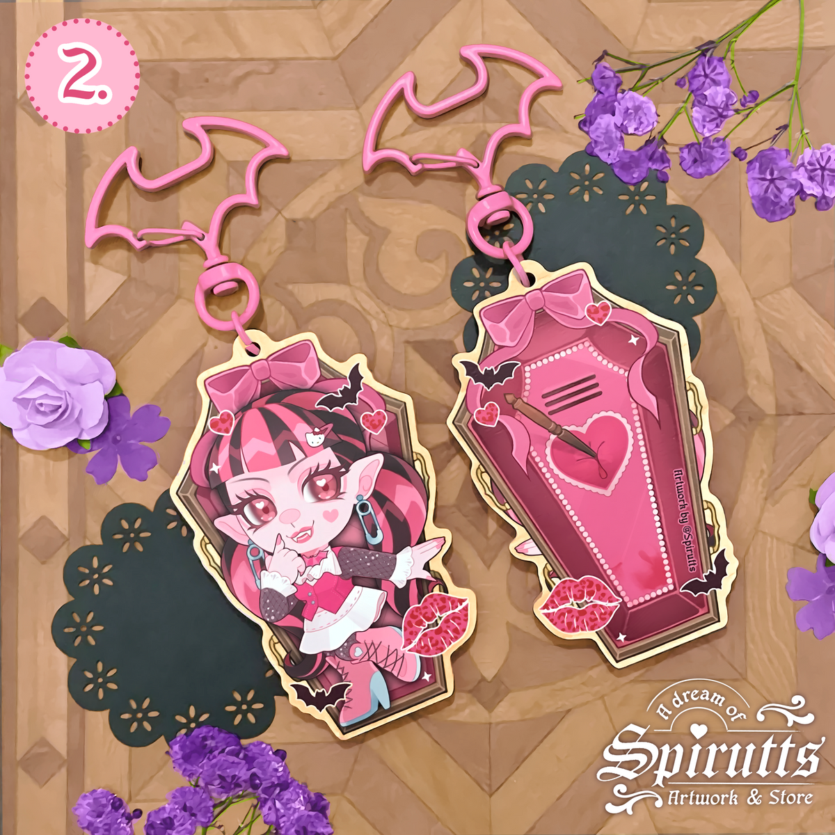 KEYCHAIN(S) - Whose your best Ghoul Friend?~ Double-sided wooden charms / Coloured clip attachments /