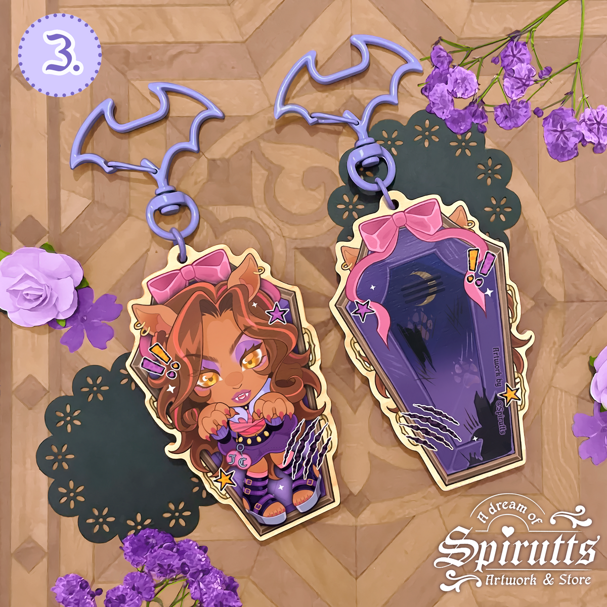 KEYCHAIN(S) - Whose your best Ghoul Friend?~ Double-sided wooden charms / Coloured clip attachments /