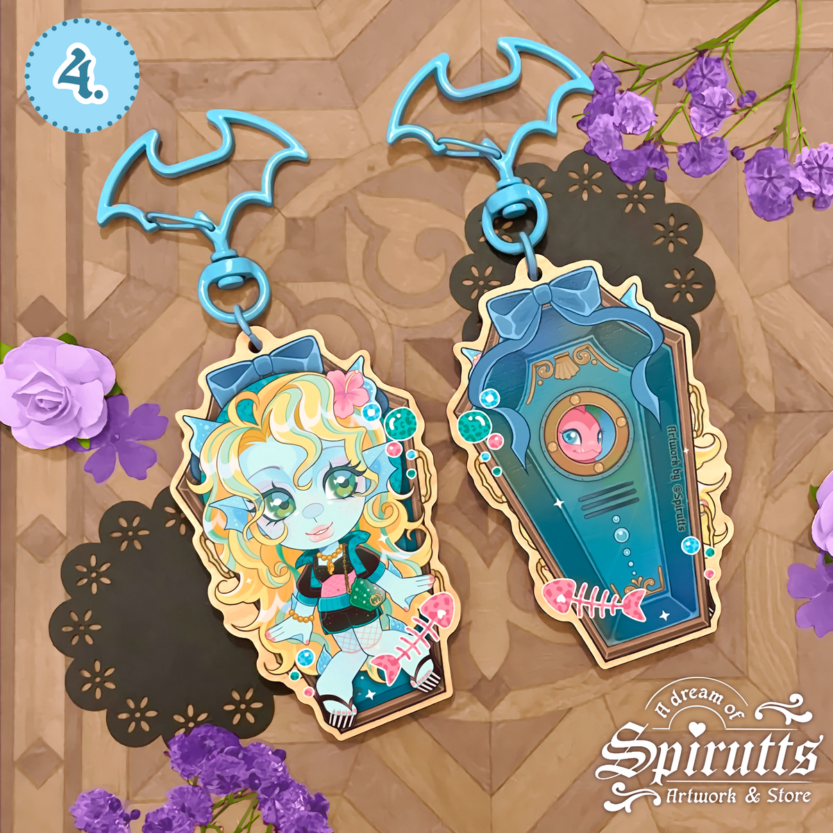 KEYCHAIN(S) - Whose your best Ghoul Friend?~ Double-sided wooden charms / Coloured clip attachments /
