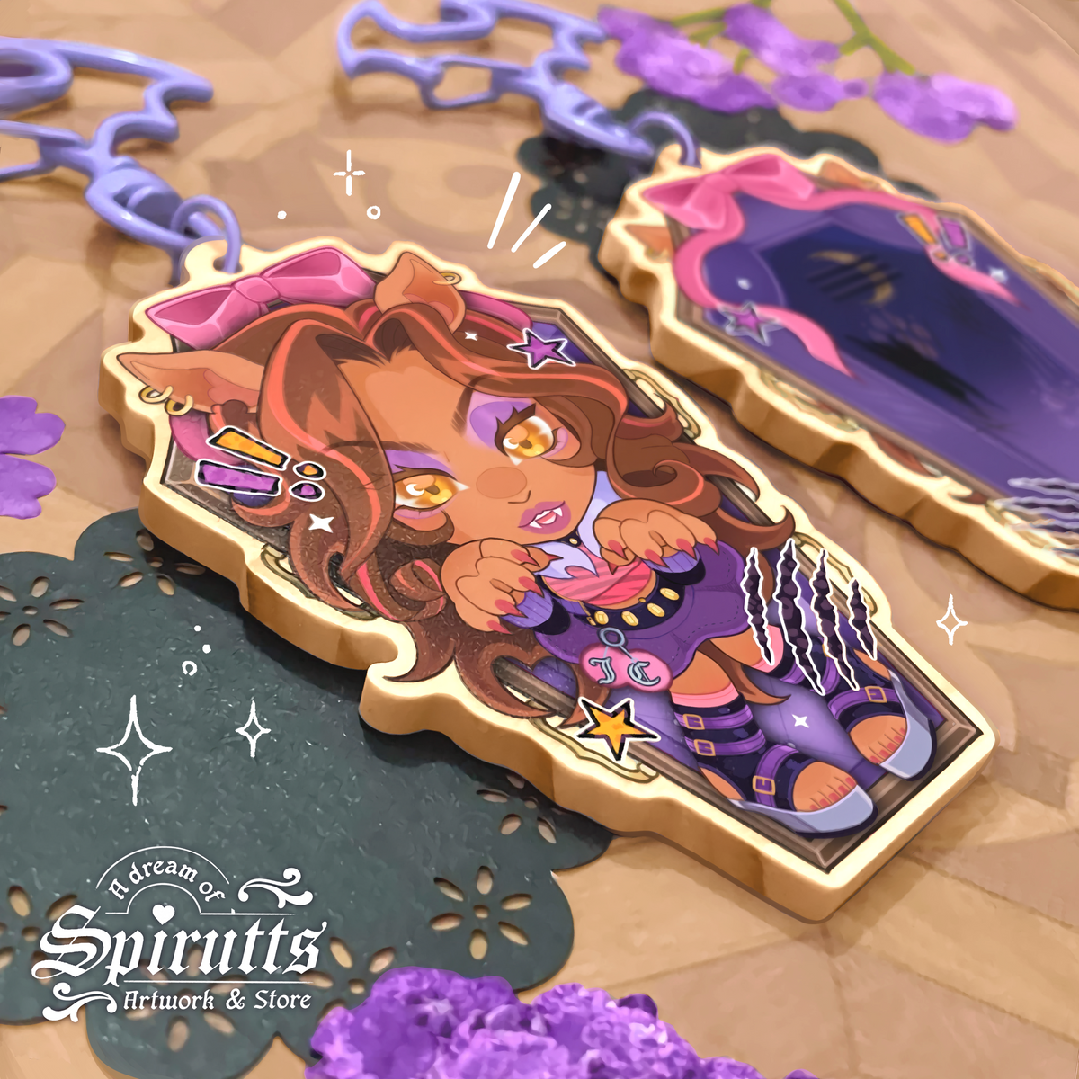 KEYCHAIN(S) - Whose your best Ghoul Friend?~ Double-sided wooden charms / Coloured clip attachments /