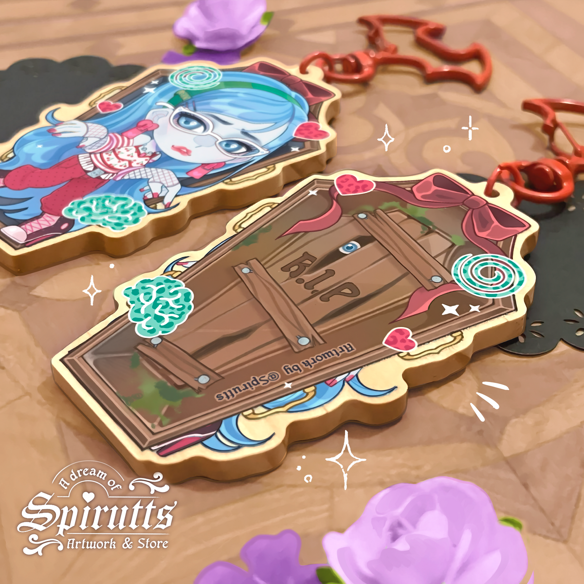 KEYCHAIN(S) - Whose your best Ghoul Friend?~ Double-sided wooden charms / Coloured clip attachments /