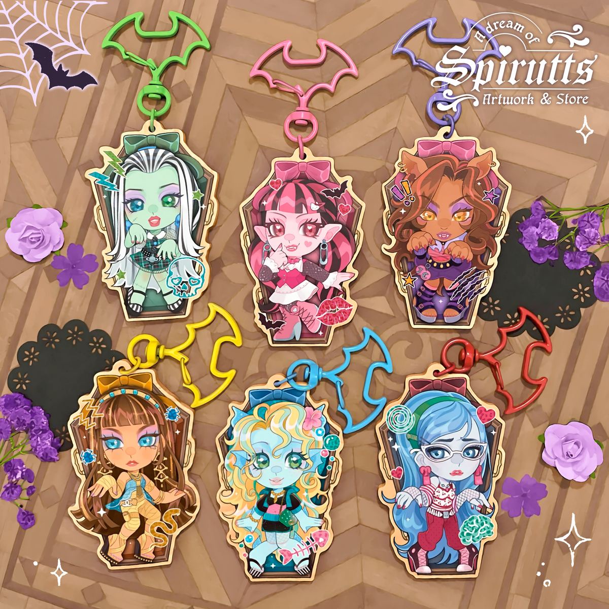 KEYCHAIN(S) - Whose your best Ghoul Friend?~ Double-sided wooden charms / Coloured clip attachments /