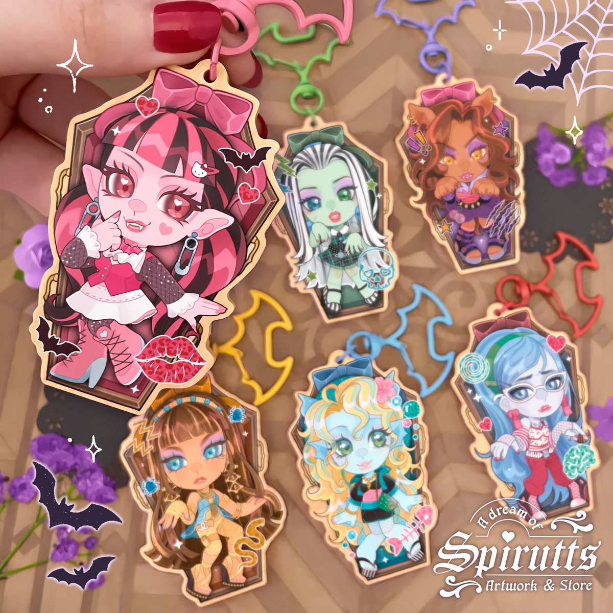 KEYCHAIN(S) - Whose your best Ghoul Friend?~ Double-sided wooden charms / Coloured clip attachments /