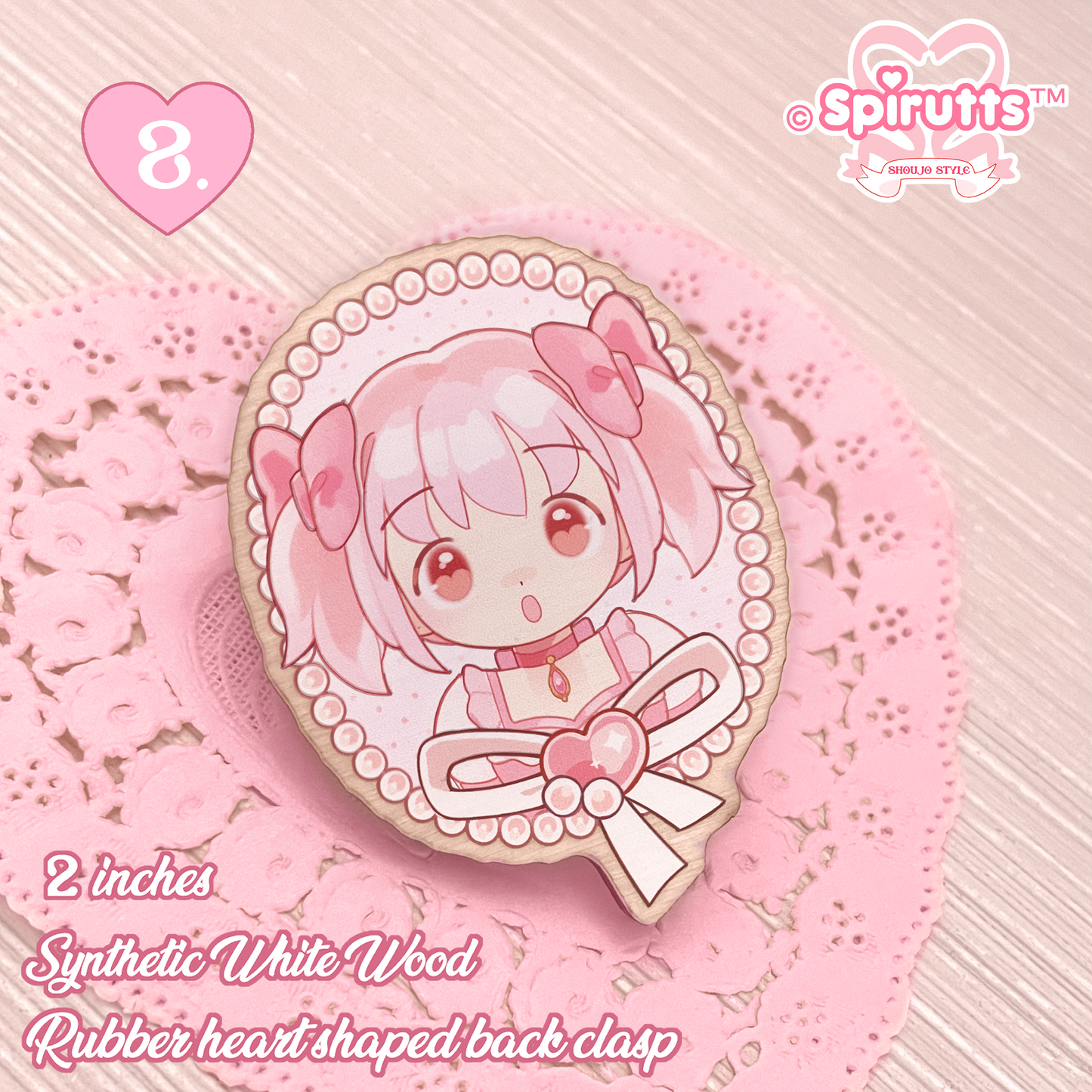 PIN(s)/BROACHES(s) - classic Magical Girls - Wood finish/Pink heart rubber pinback