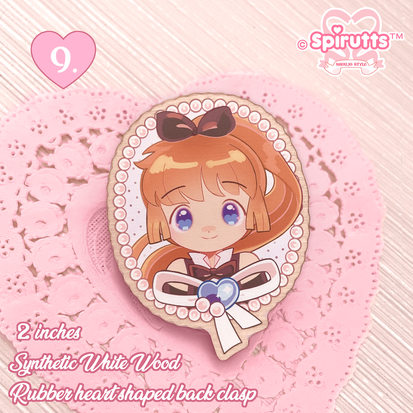 PIN(s)/BROACHES(s) - classic Magical Girls - Wood finish/Pink heart rubber pinback