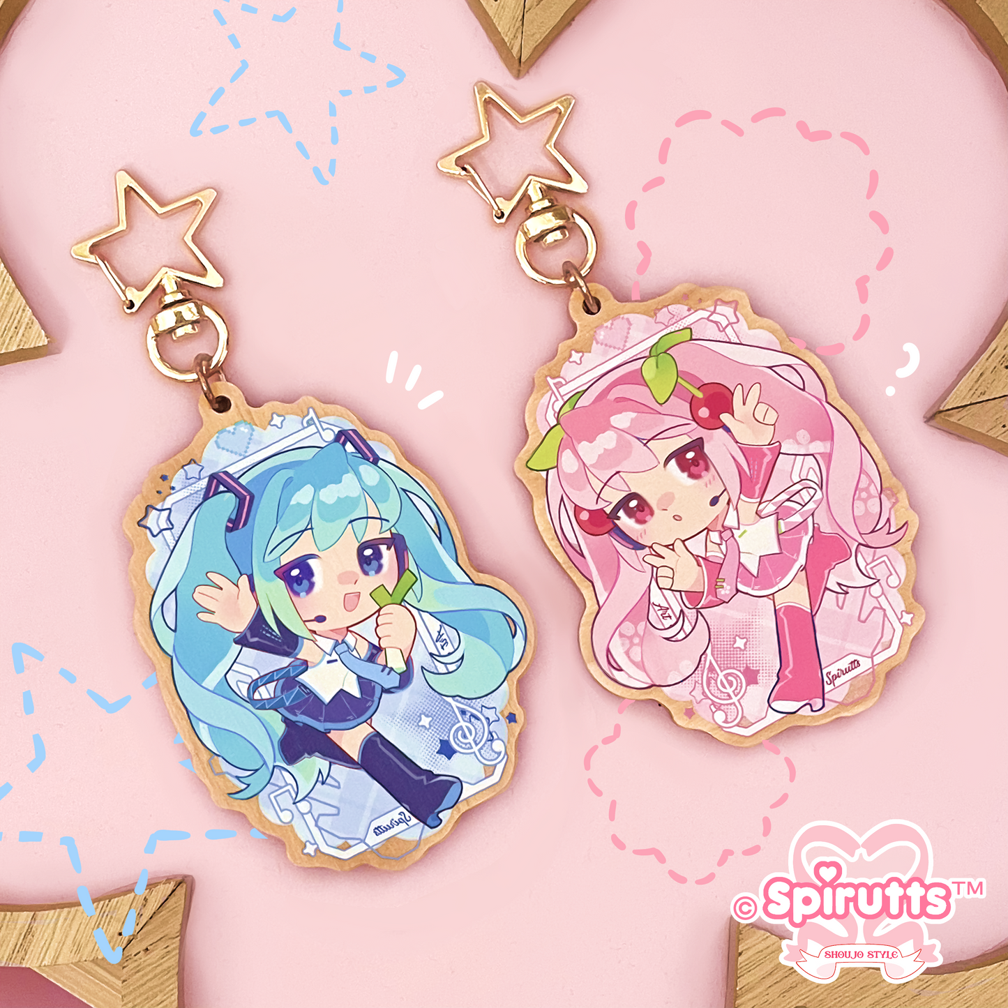 KEYCHAIN(S) - Classic and Sakura Miku / Anime / Vocaloids / Cherry Blossoms - Double-sided wooden charm/Matching Pair/Gold clip attachments