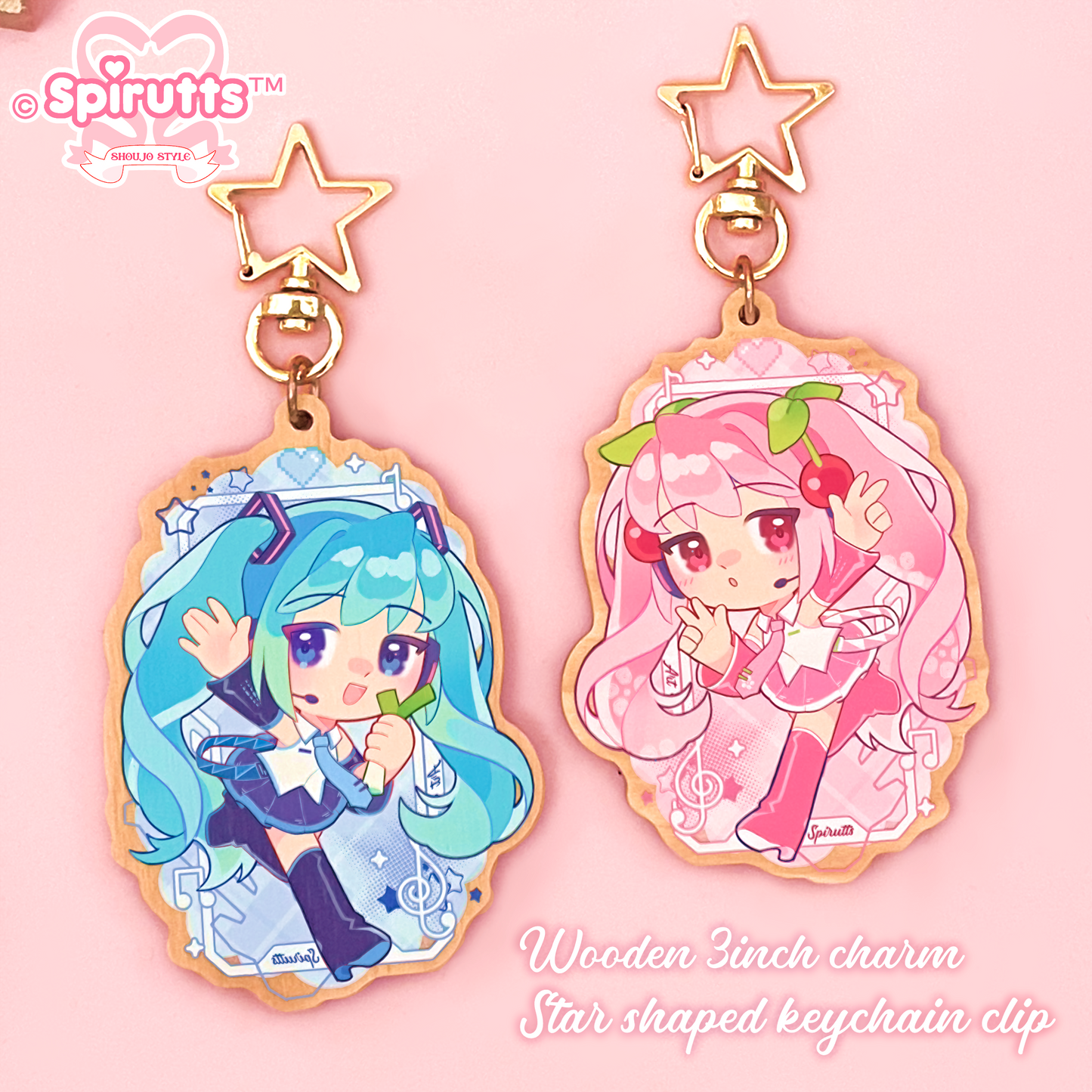 KEYCHAIN(S) - Classic and Sakura Miku / Anime / Vocaloids / Cherry Blossoms - Double-sided wooden charm/Matching Pair/Gold clip attachments