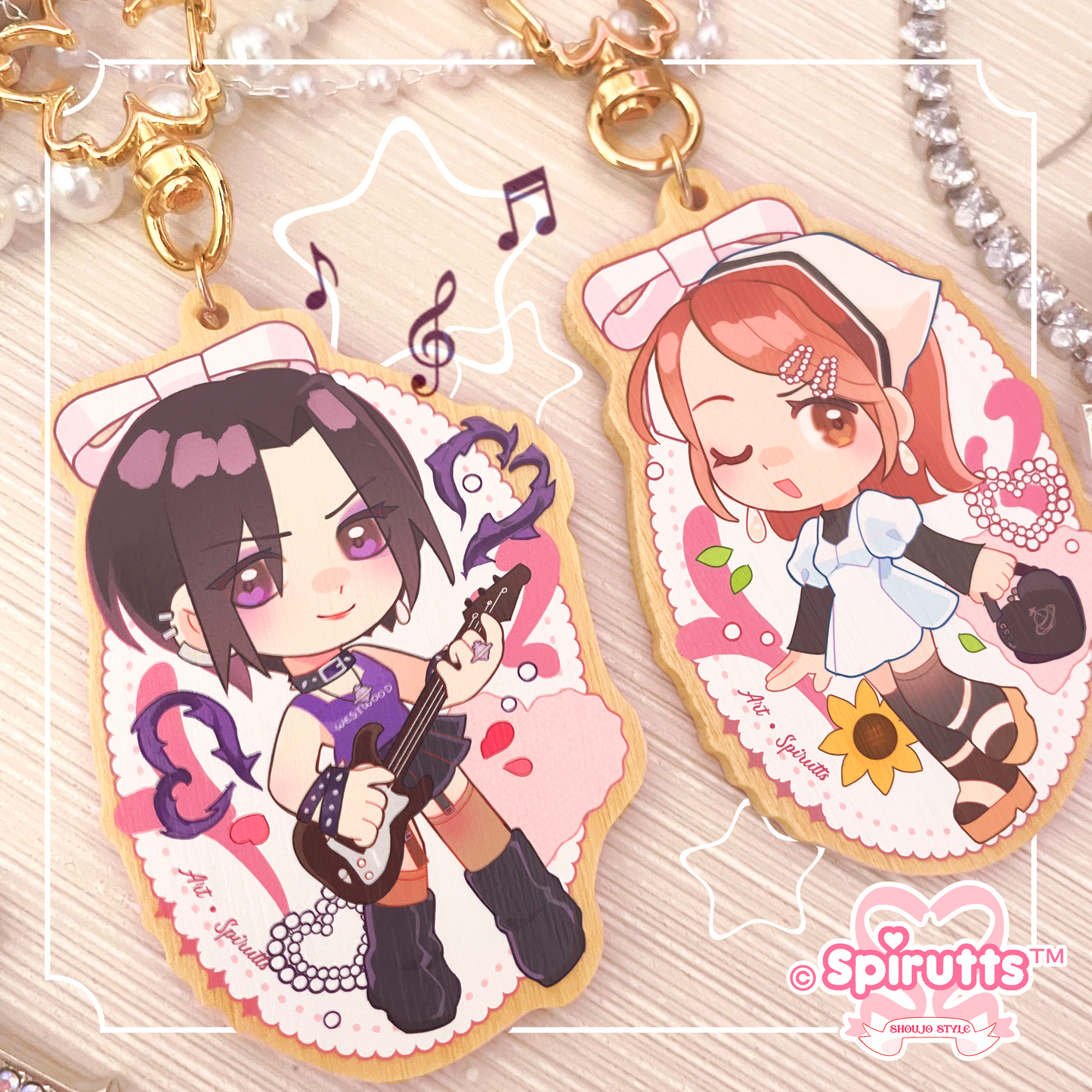 KEYCHAIN(S) - Nana / Retro Anime / punk / couples accessory - Double-sided wooden charm/Matching Pair/Gold clip attachments