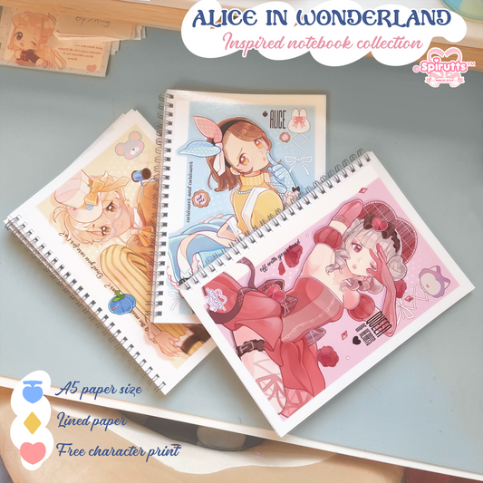 NOTEBOOK(s) - Retro-inspired Alice in Wonderland! - Blank paper / size: A5 / Spiral Binder / Comes with chibi illustration print