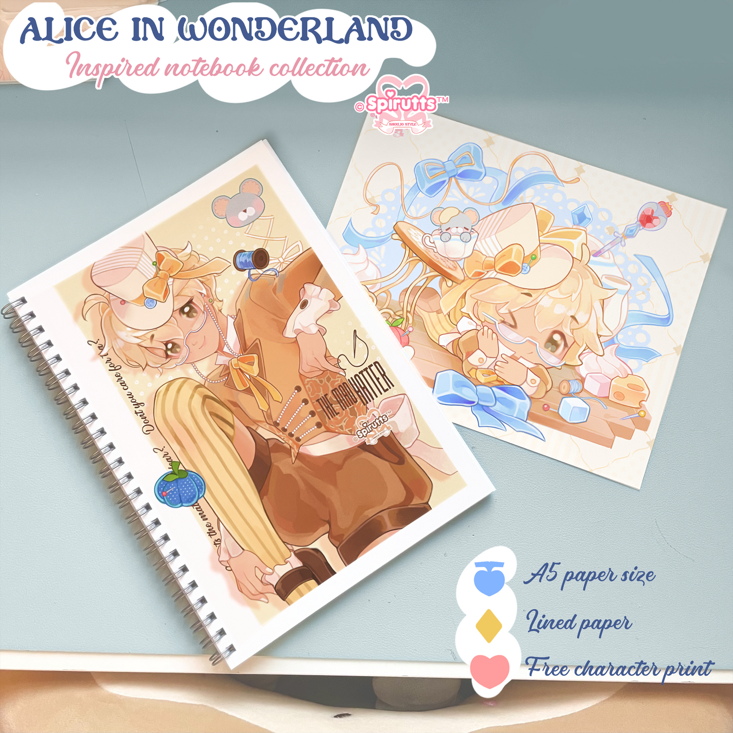 NOTEBOOK(s) - Retro-inspired Alice in Wonderland! - Blank paper / size: A5 / Spiral Binder / Comes with chibi illustration print