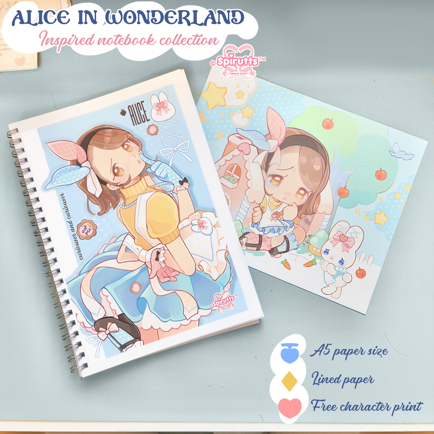 NOTEBOOK(s) - Retro-inspired Alice in Wonderland! - Blank paper / size: A5 / Spiral Binder / Comes with chibi illustration print