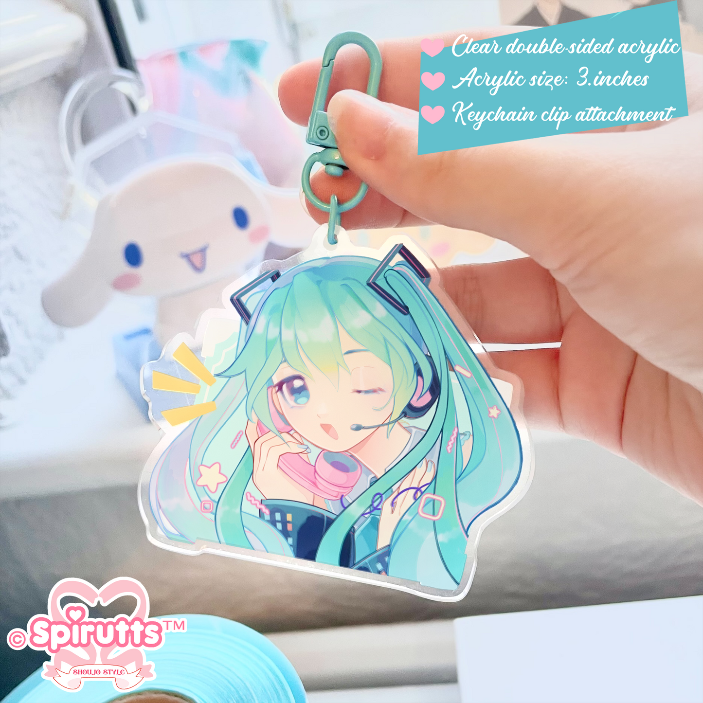 KEYCHAIN - Moshi Moshi Miku? - Double-sided acrylic/Blue Clip Chain