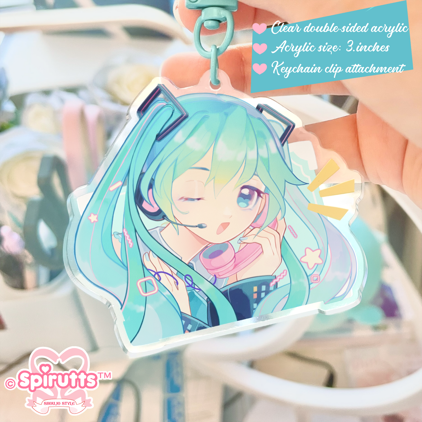 KEYCHAIN - Moshi Moshi Miku? - Double-sided acrylic/Blue Clip Chain