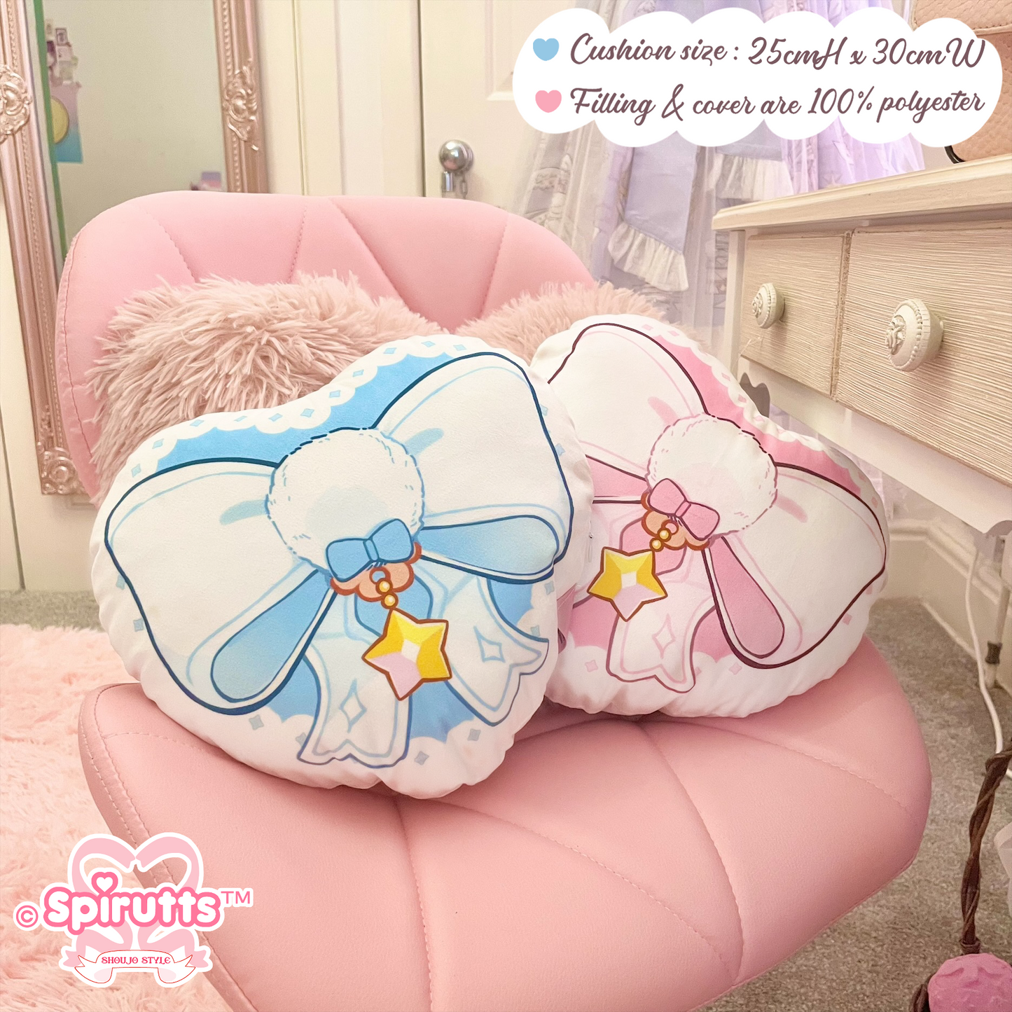 CUSHION - Heart Bows! - Soft plush fabric / 100% Poly / Double-sided