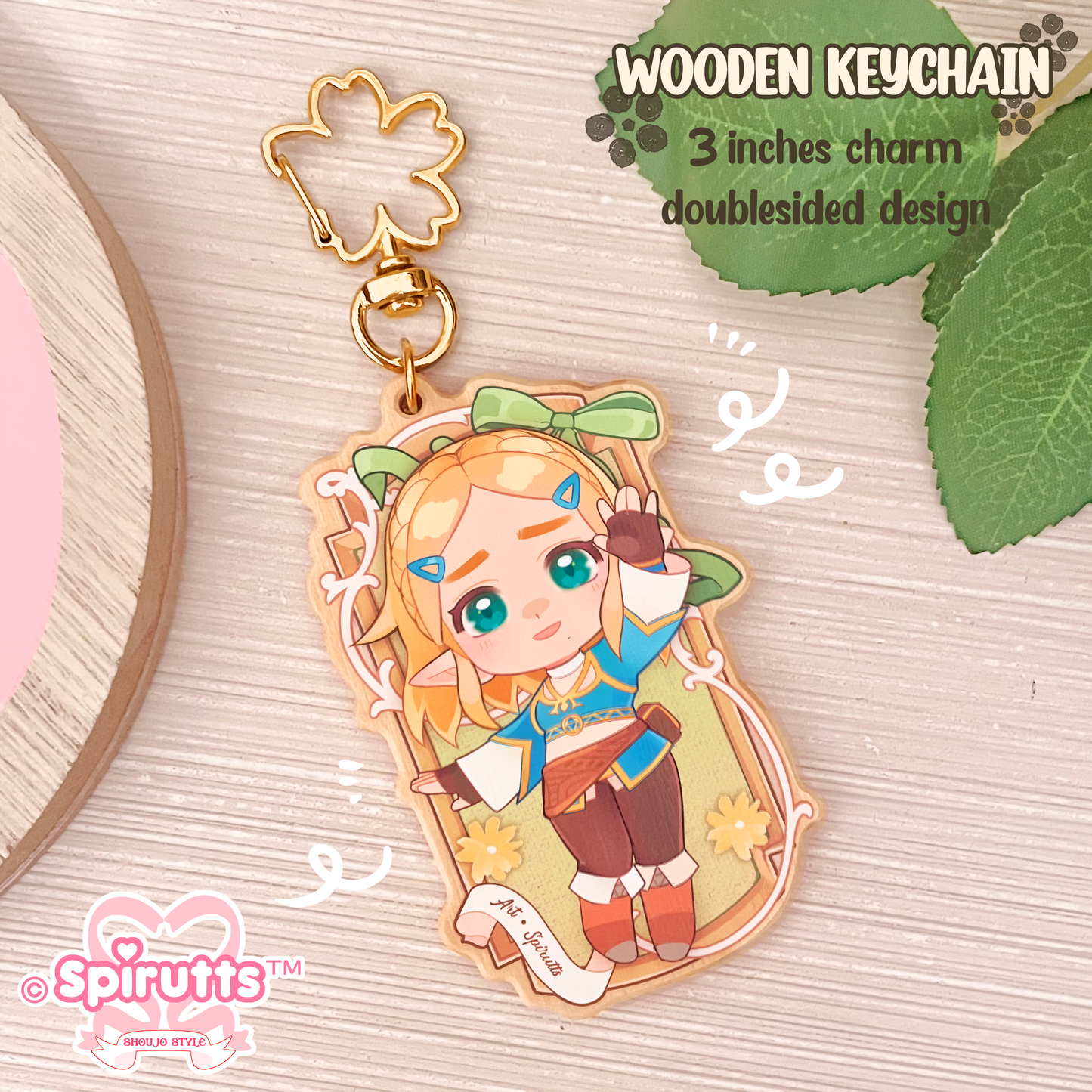 KEYCHAIN - "Be careful~!" - / Gaming / Anime / Double-sided wooden charm / Gold clip attachments