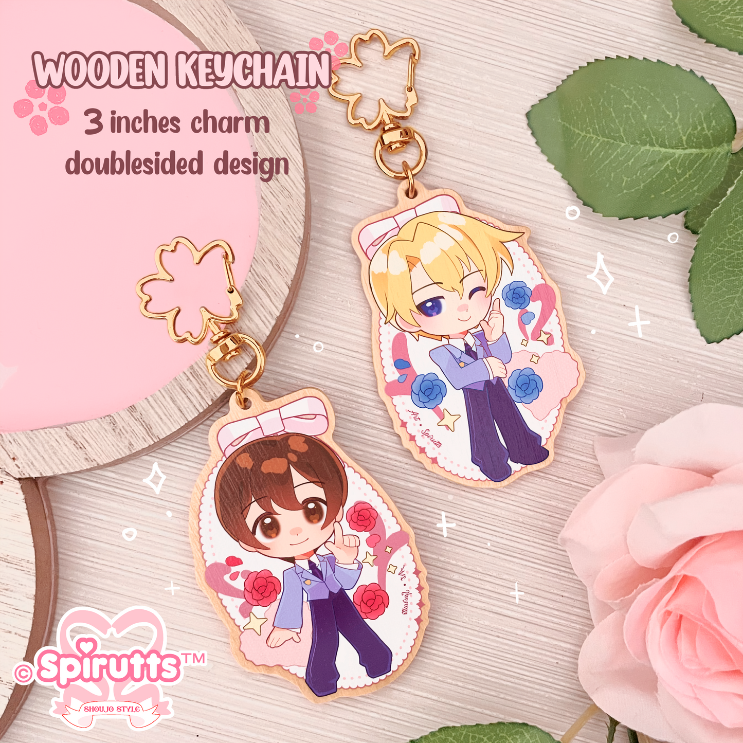 KEYCHAIN(S) - "Welcome to the Host Club~" - / Retro Anime / Matching Pair / Double-sided wooden charm/ Gold clip attachments