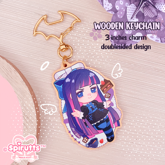 KEYCHAIN - Little Stocking~! - / Anime / Goth Girl / Double-sided wooden charm / Gold clip attachments