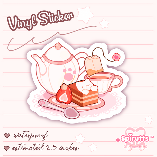 STICKER - Kitty tea set - Glossy / Vinyl / Peelback / Waterproof / Cute / Anime / Cartoon