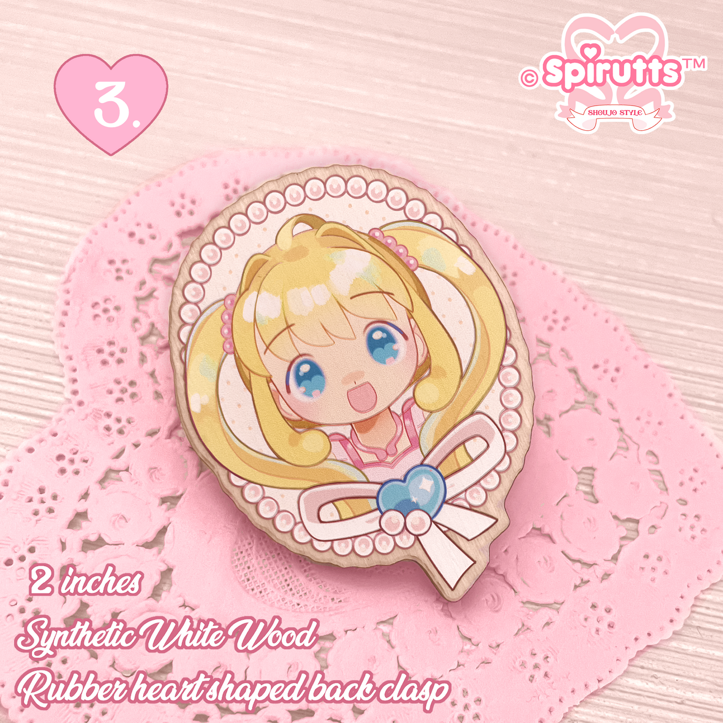 PIN(s)/BROACHES(s) - classic Magical Girls - Wood finish/Pink heart rubber pinback