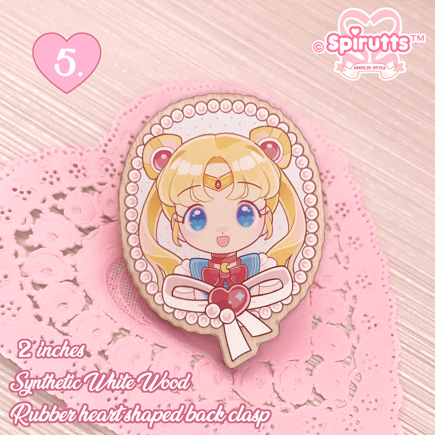 PIN(s)/BROACHES(s) - classic Magical Girls - Wood finish/Pink heart rubber pinback