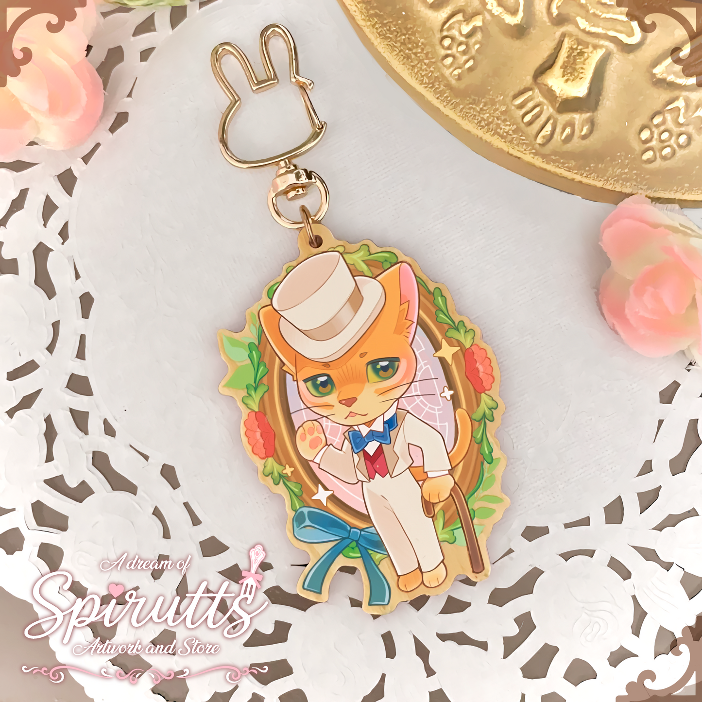 KEYCHAIN - Mr fancy pants returns~! - Double-sided wooden charm / Gold clip attachment