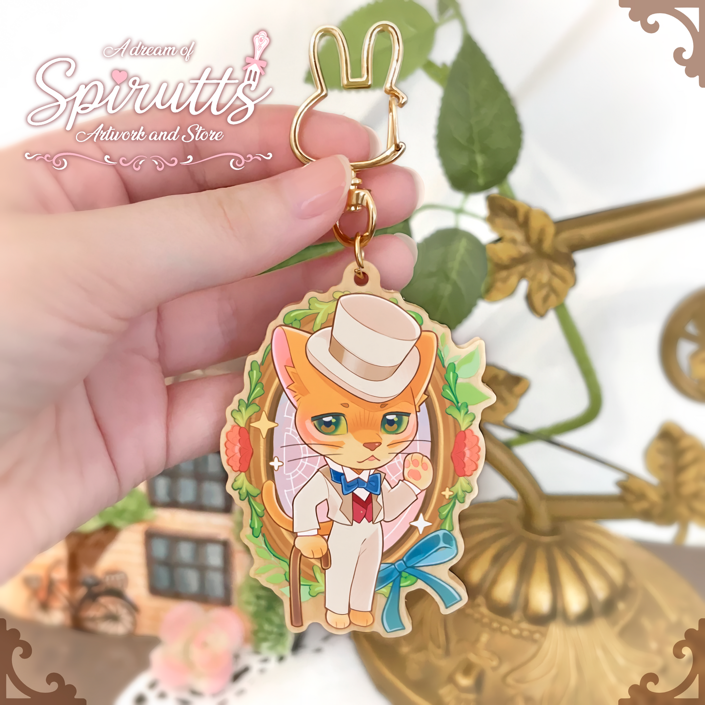 KEYCHAIN - Mr fancy pants returns~! - Double-sided wooden charm / Gold clip attachment