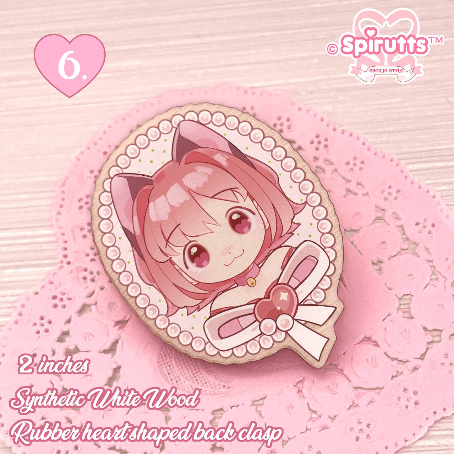 PIN(s)/BROACHES(s) - classic Magical Girls - Wood finish/Pink heart rubber pinback