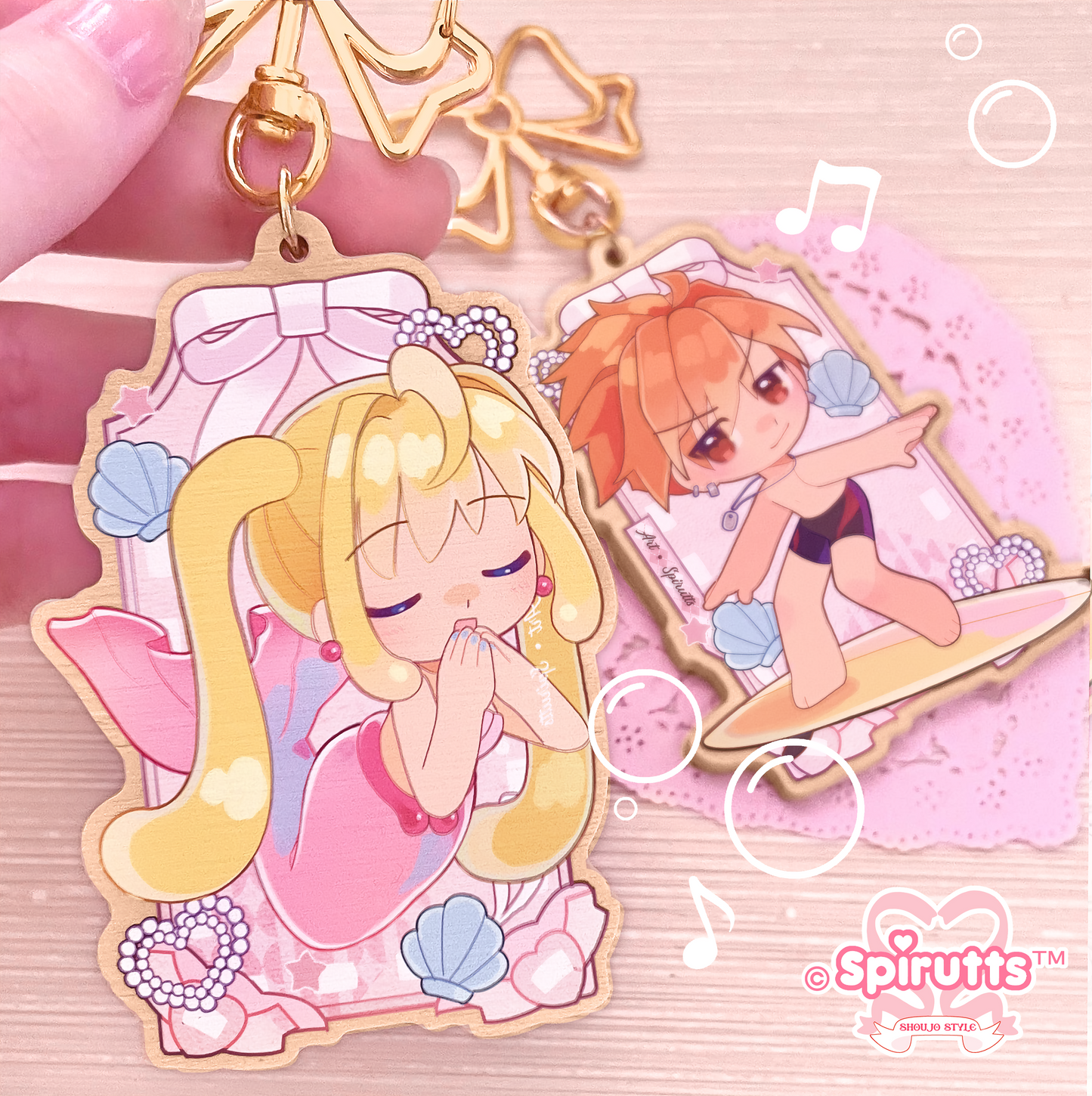 KEYCHAIN(S) - Magical Mermaid Couple/Shoujo Anime/Retro/Girly - Double-sided wooden charm/Matching Pair/Gold clip attachments