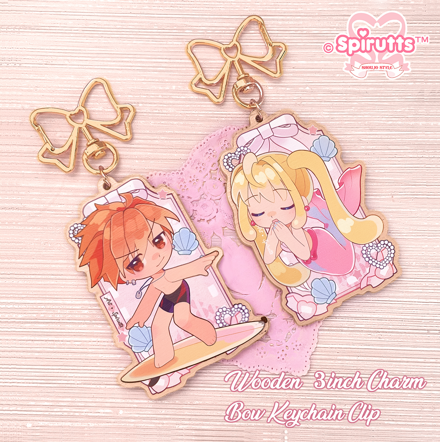 KEYCHAIN(S) - Magical Mermaid Couple/Shoujo Anime/Retro/Girly - Double-sided wooden charm/Matching Pair/Gold clip attachments