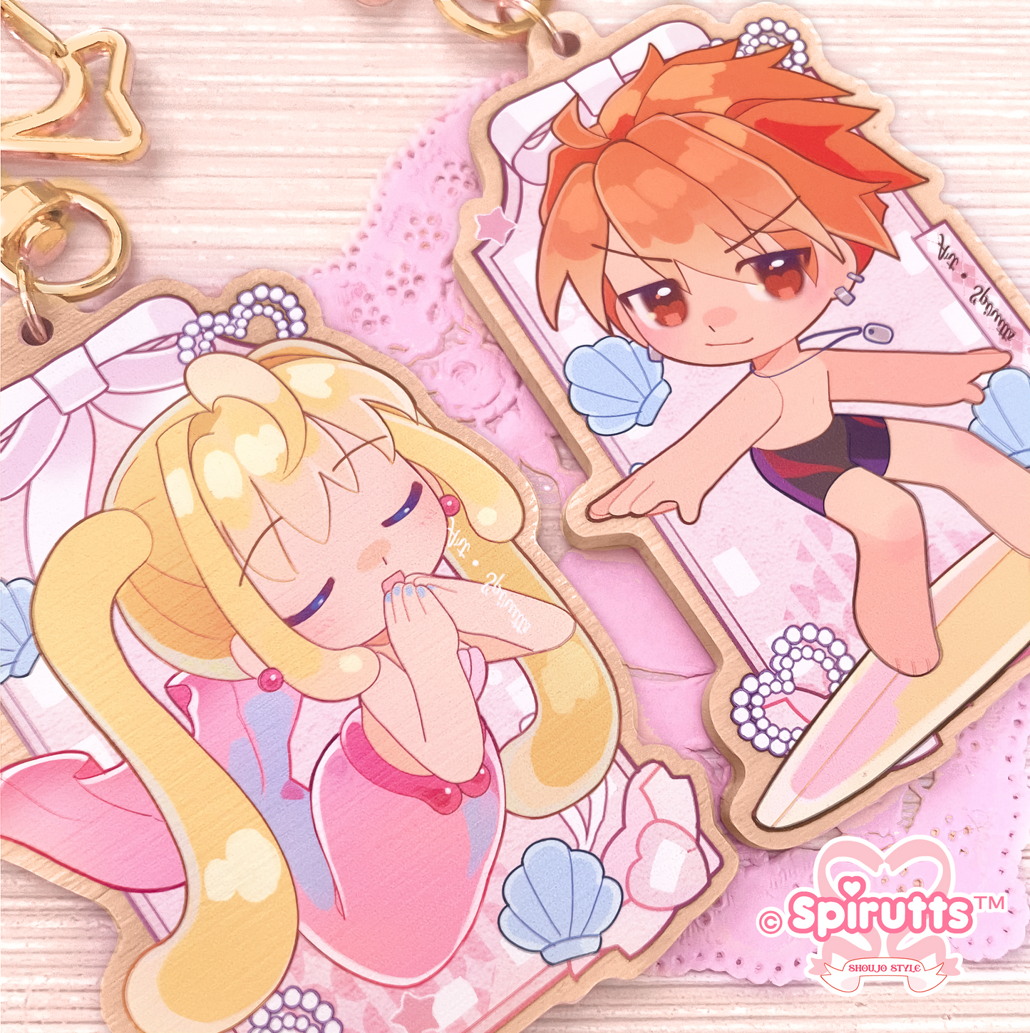 KEYCHAIN(S) - Magical Mermaid Couple/Shoujo Anime/Retro/Girly - Double-sided wooden charm/Matching Pair/Gold clip attachments